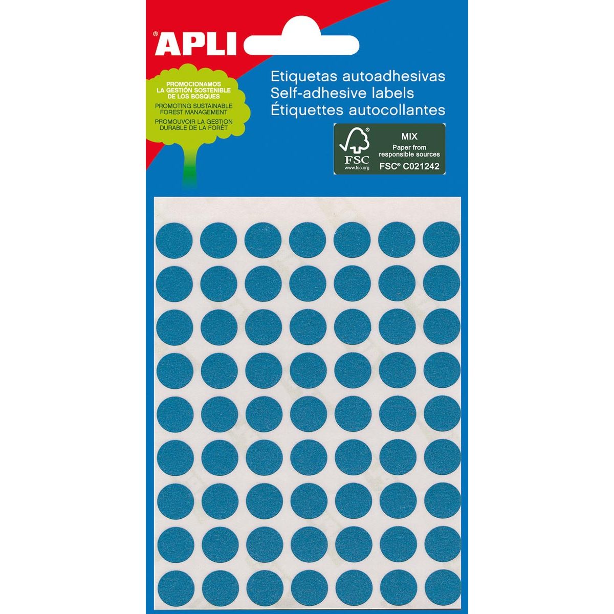 Apli - round labels in case diameter 8 mm, blue, 288 pieces, 96 per sheet (2045)