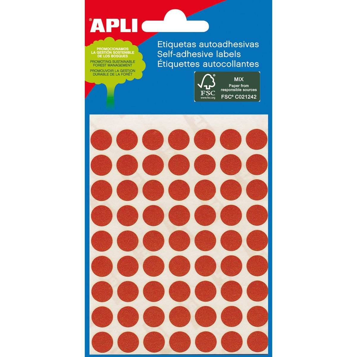 Apli - round labels in case diameter 8 mm, red, 288 pieces, 96 per sheet (2046)