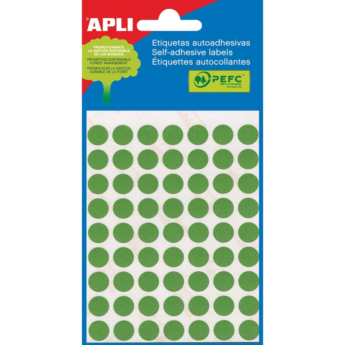 Apli - round labels in case diameter 8 mm, green, 288 pieces, 96 per sheet (2047)