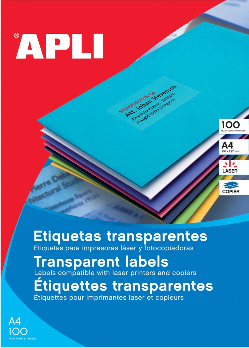 Apli - Transparante etiketten ft 210 x 297 mm (b x h), 20 stuks, 1 per blad, doos van 20 blad