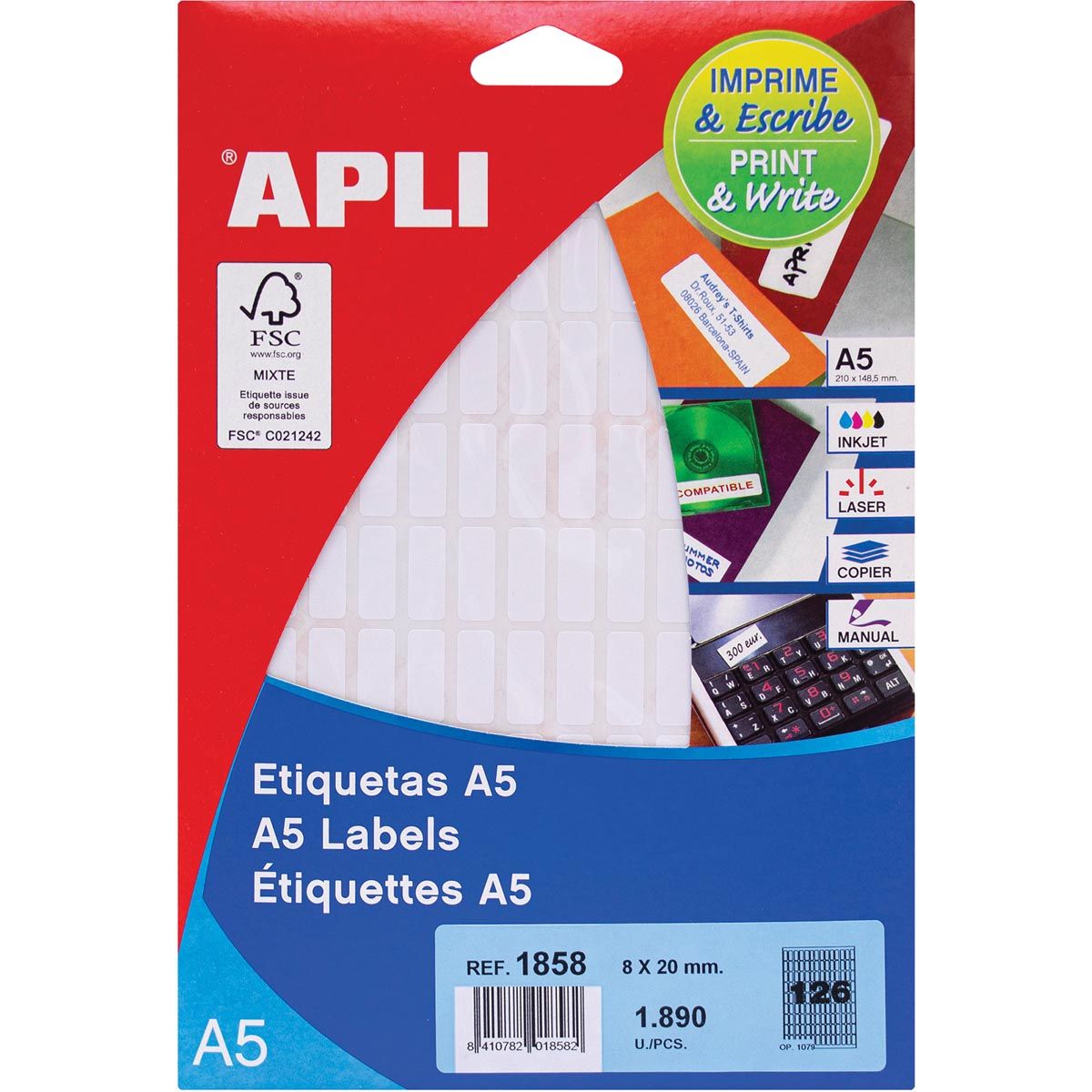 Apli - witte etiketten Print Write ft 8 x 20 mm (b x h), 1.890 stuks, 126 per blad (1858)