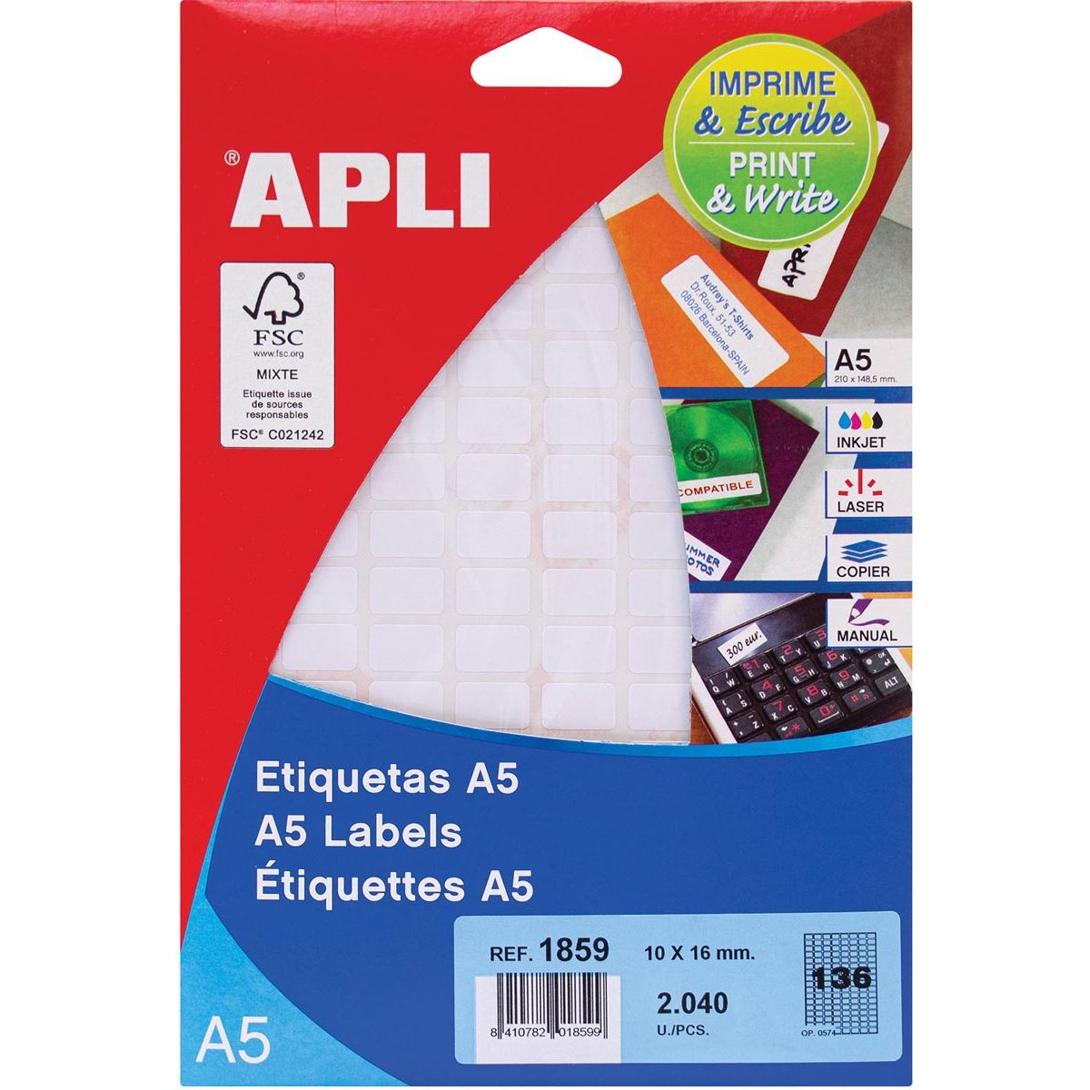 Apli - White labels Print Write ft 10 x 16 mm (w x h), 2,040 pieces, 136 per sheet (1859)