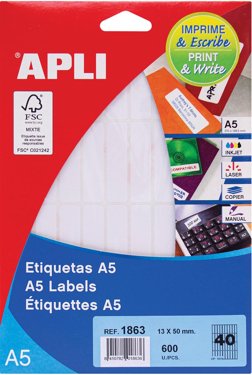 Apli - étiquettes blanches Print Write ft 13 x 50 mm (l x h), 600 pièces, 40 par feuille (1863)
