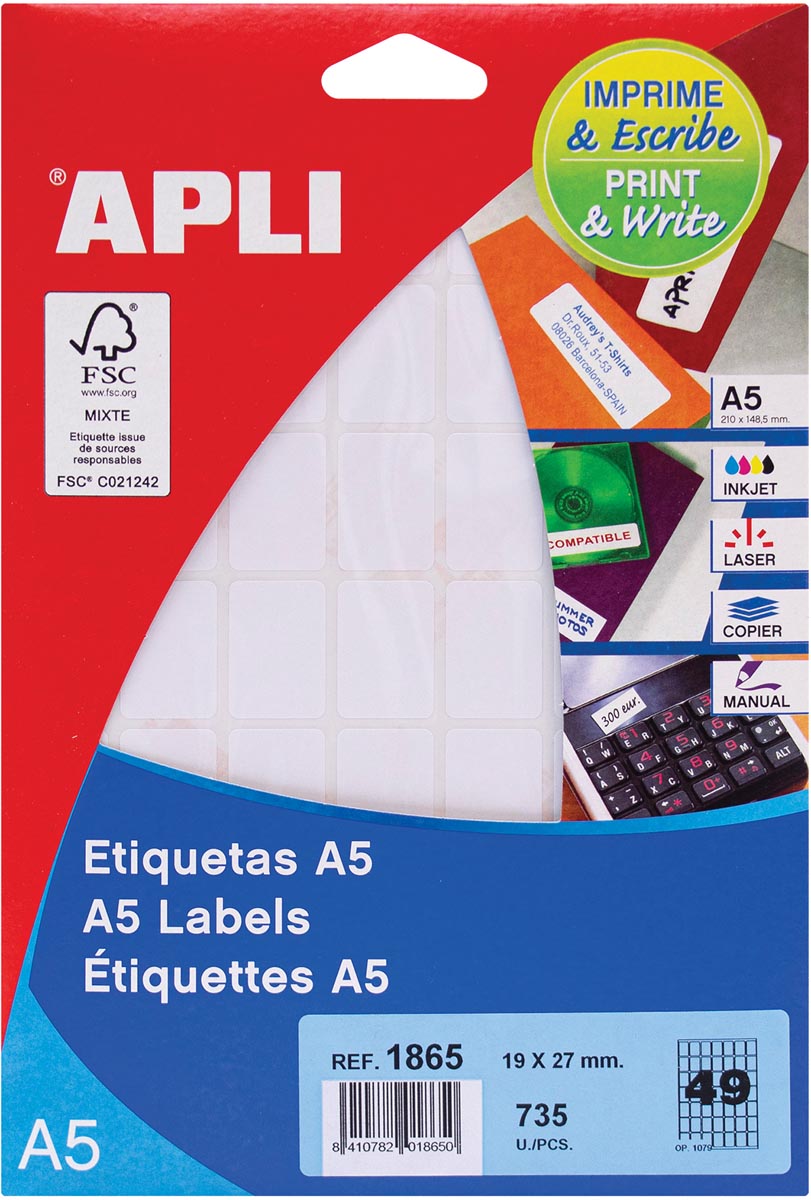 Apli - witte etiketten Print Write ft 19 x 27 mm (b x h), 735 stuks, 49 per blad (1865)