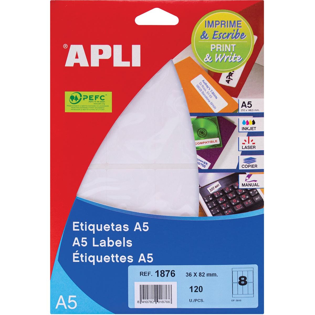 Apli - Etichette bianche Stampa Scrivi ft 36 x 82 mm (l x h), 120 pezzi, 8 per foglio (1876)