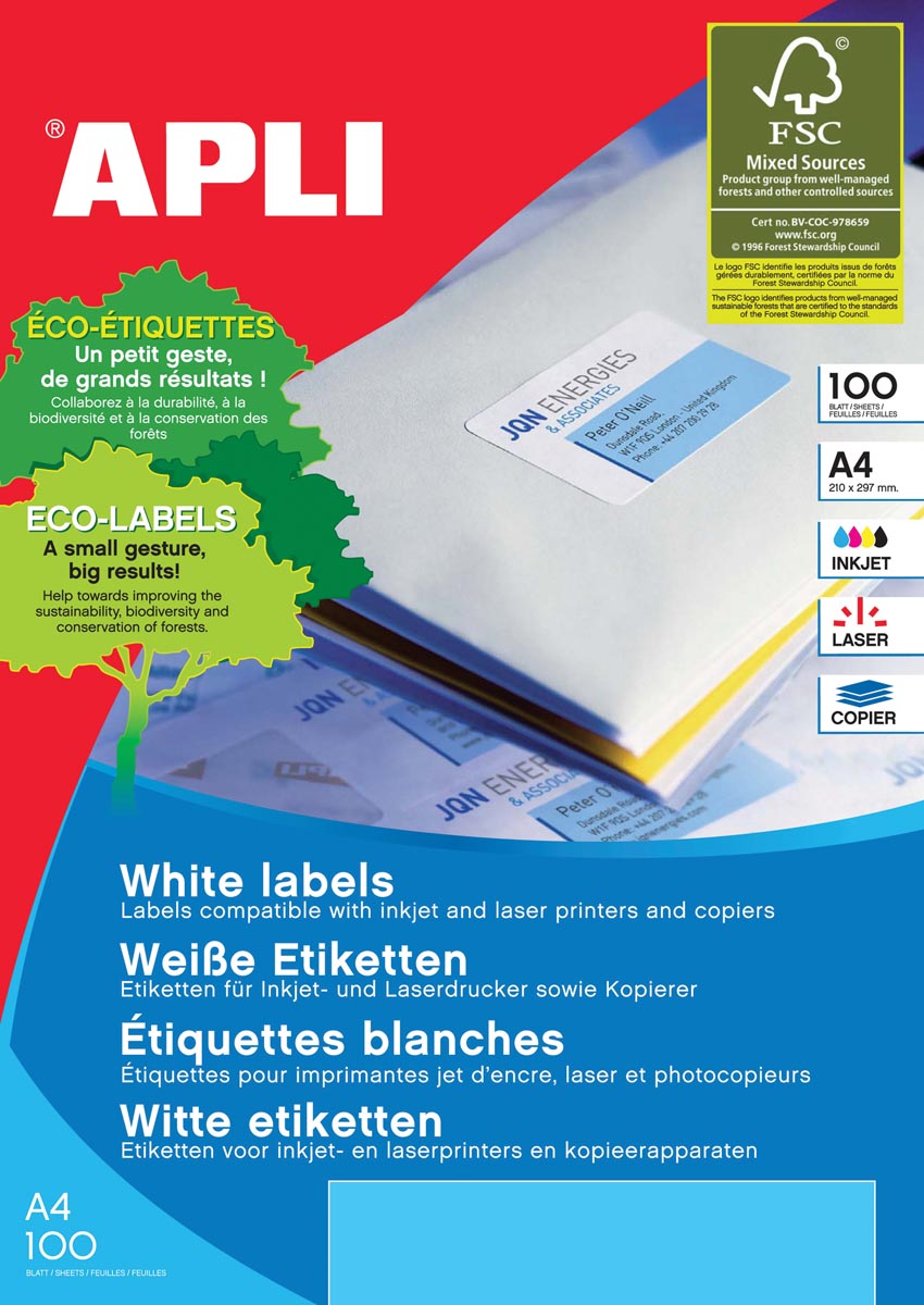 Apli - Witte etiketten ft 99,1 x 67,7 mm (b x h), 800 stuks, 8 per blad (2420)
