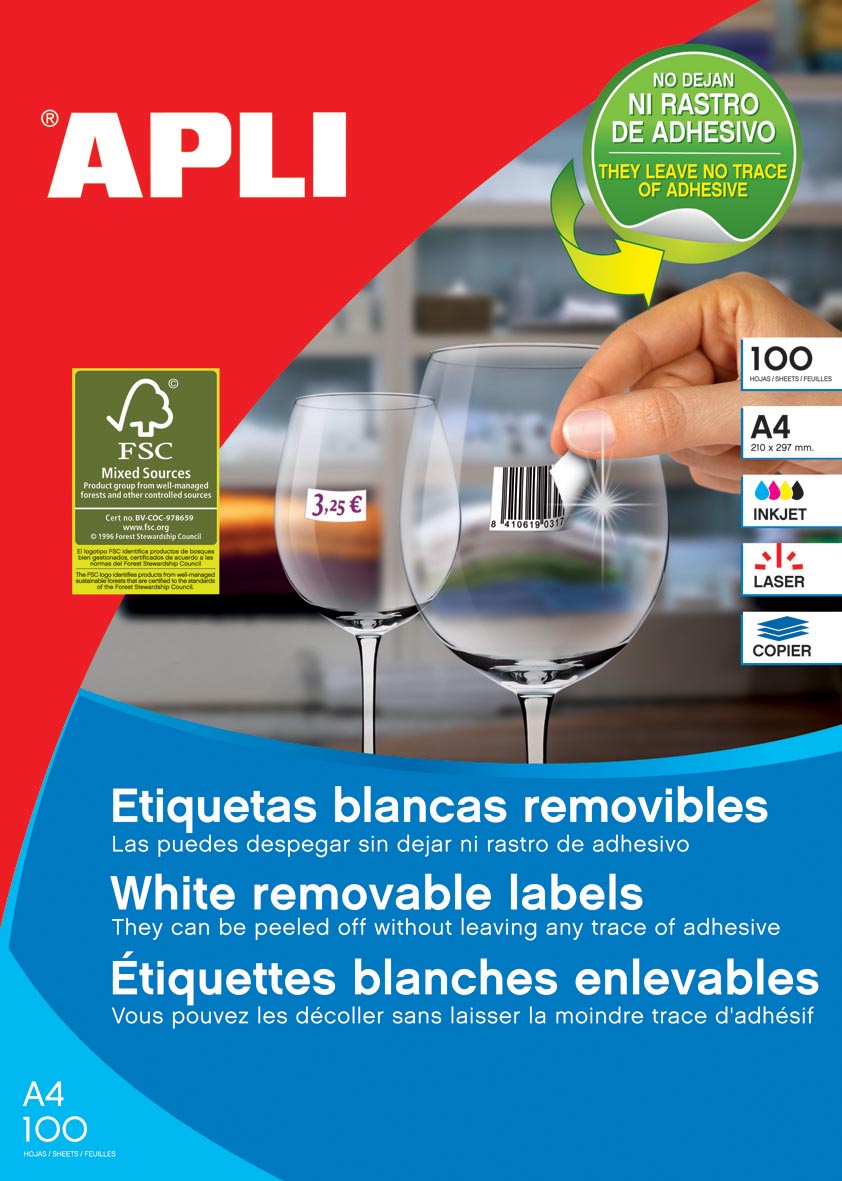 Apli - removable white labels ft 210 x 297 mm (w x h) (w x h), 100 pieces, 1 per sheet (3060)