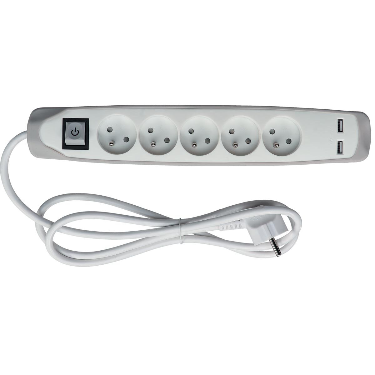 Perel - Steckdose mit 5 Steckdosen, 2 USB und Schalter, 1,5 m, weiß/grau, für NL