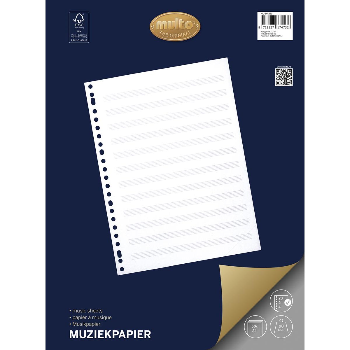 Multo - muziekpapier voor ft A4, 23-gaatsperforatie, 50 vel
