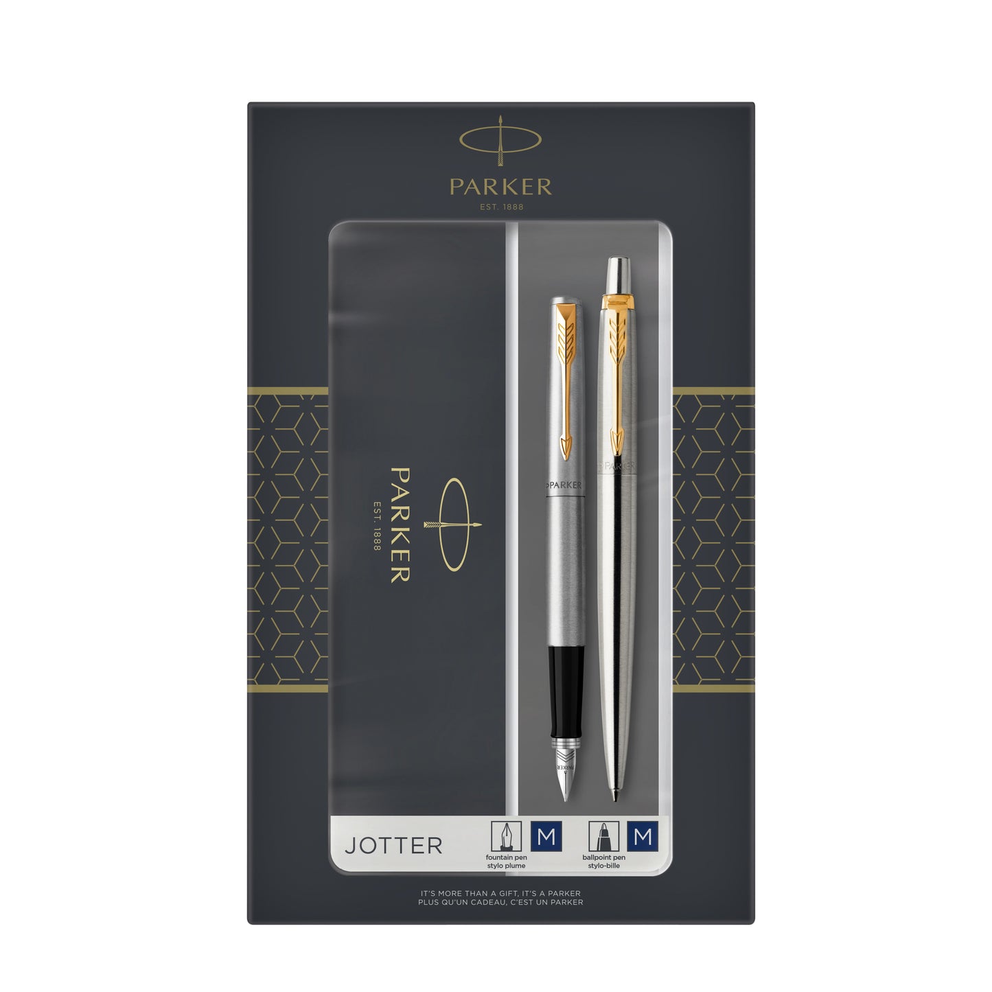 Parker - Bolígrafo y pluma estilográfica Jotter acero inoxidable GT mediano 2 piezas