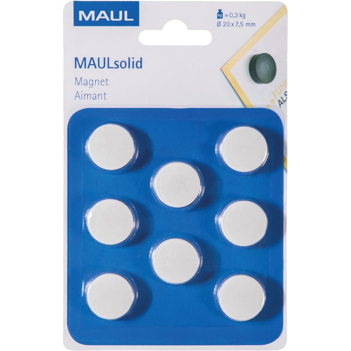Maul - magneet Solid, 20 mm, trekkracht 300 gr, blister van 8 stuks, wit