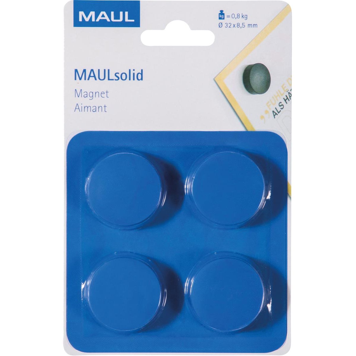 Maul - magneet Solid, 32 mm, trekkracht 800 gr, blister van 4 stuks, blauw