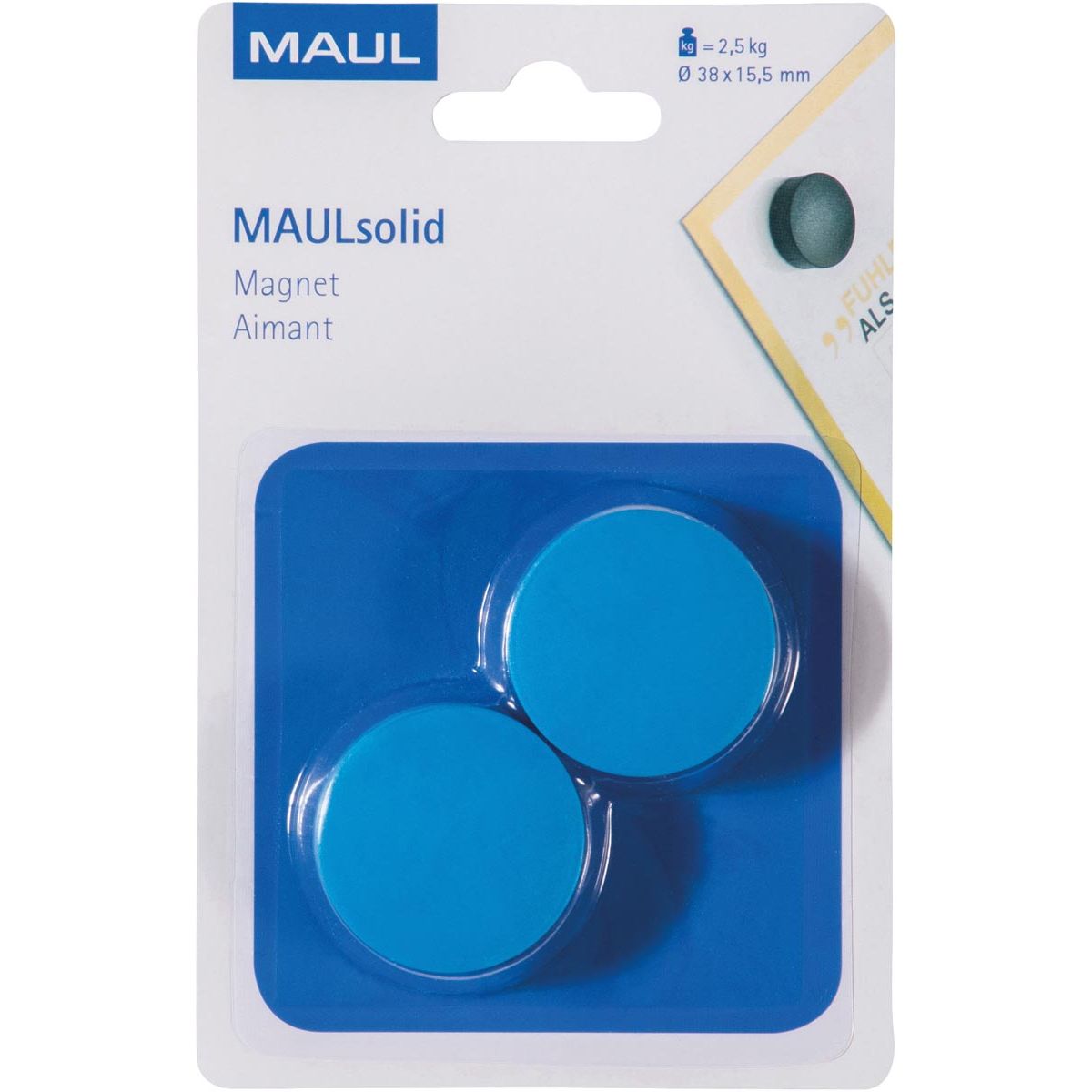 Maul - magneet Solid, 38 mm, trekkracht 2,5 kg, blister van 2 stuks, blauw