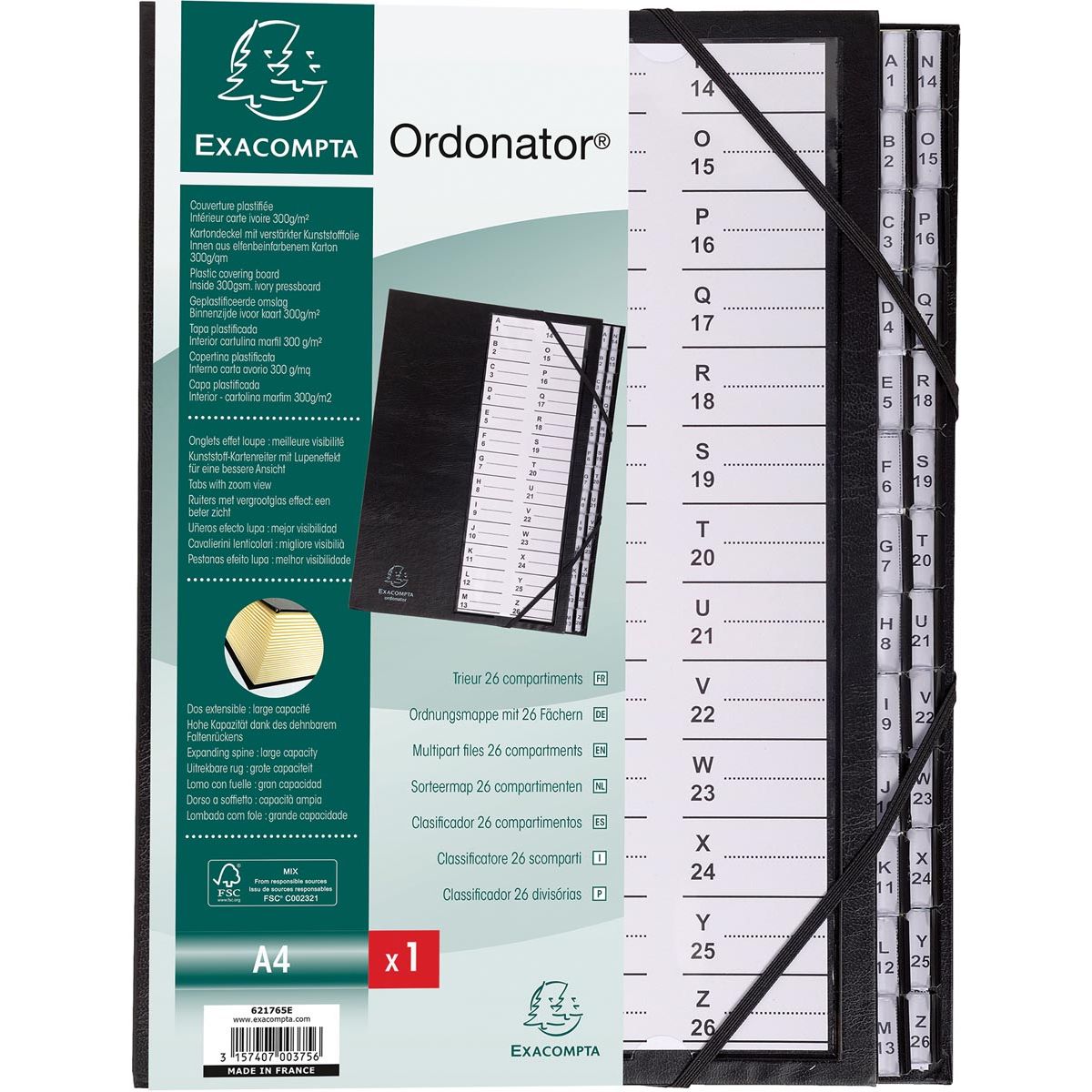 Exacompta - carpeta clasificadora Ordonator con tapa dura, jinetes alfabéticos impresos, 26 compartimentos, negro