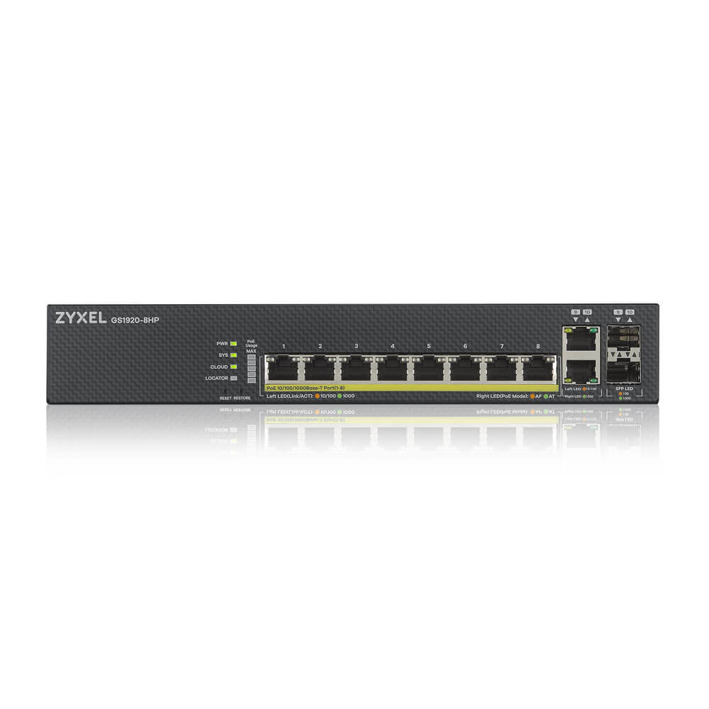 ZYXEL - GS1920-8HPV2 Managed Gigabit Ethernet (10/100/1000) Power over Ethernet (PoE) Zwart