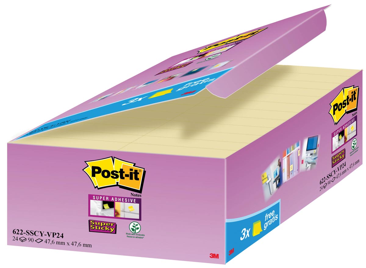 Post-it Super Sticky - Super Sticky notes, 90 vel, ft 47,6 x 47,6 mm, geel, pak van 21 + 3 GRATIS