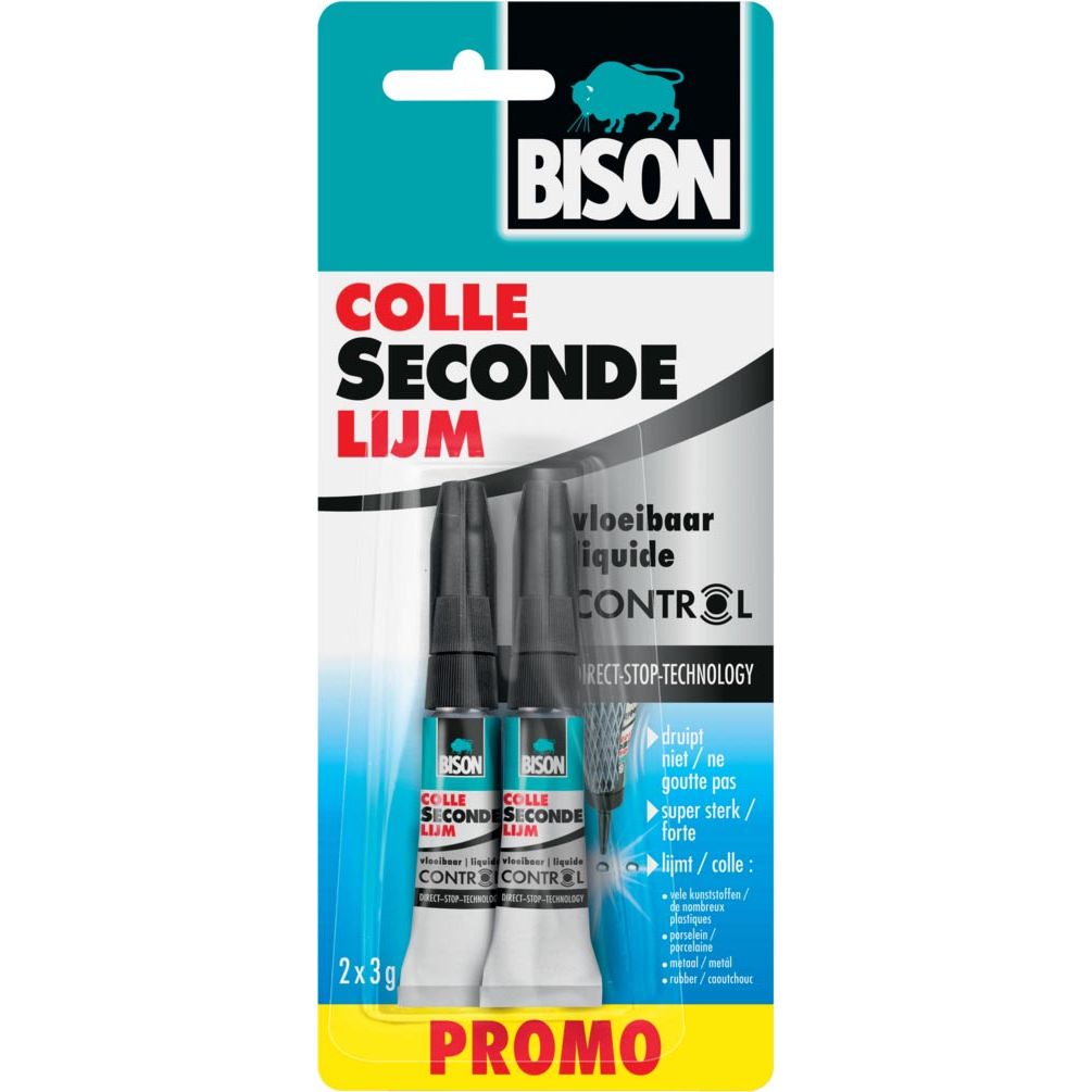 Bison - secondelijm Control Vloeibaar, tube van 3 g, promo blister van 2 stuks