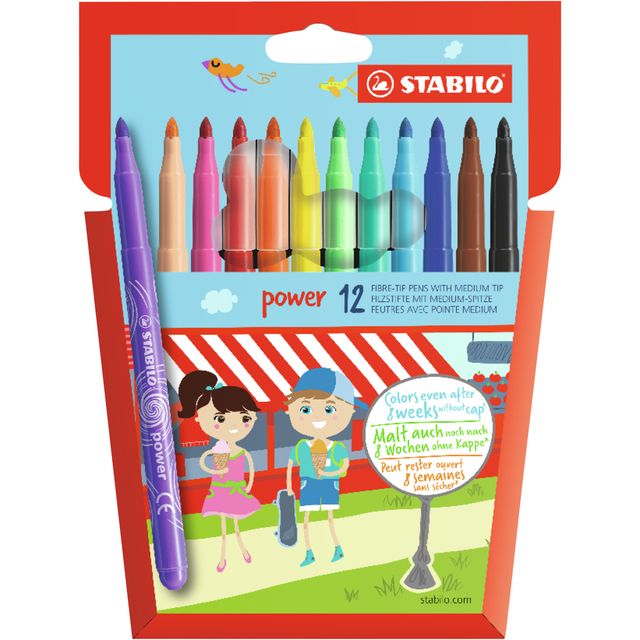 Stabilo - power, viltstift, tot 8 weken zonder dop, etui met 12 kleuren