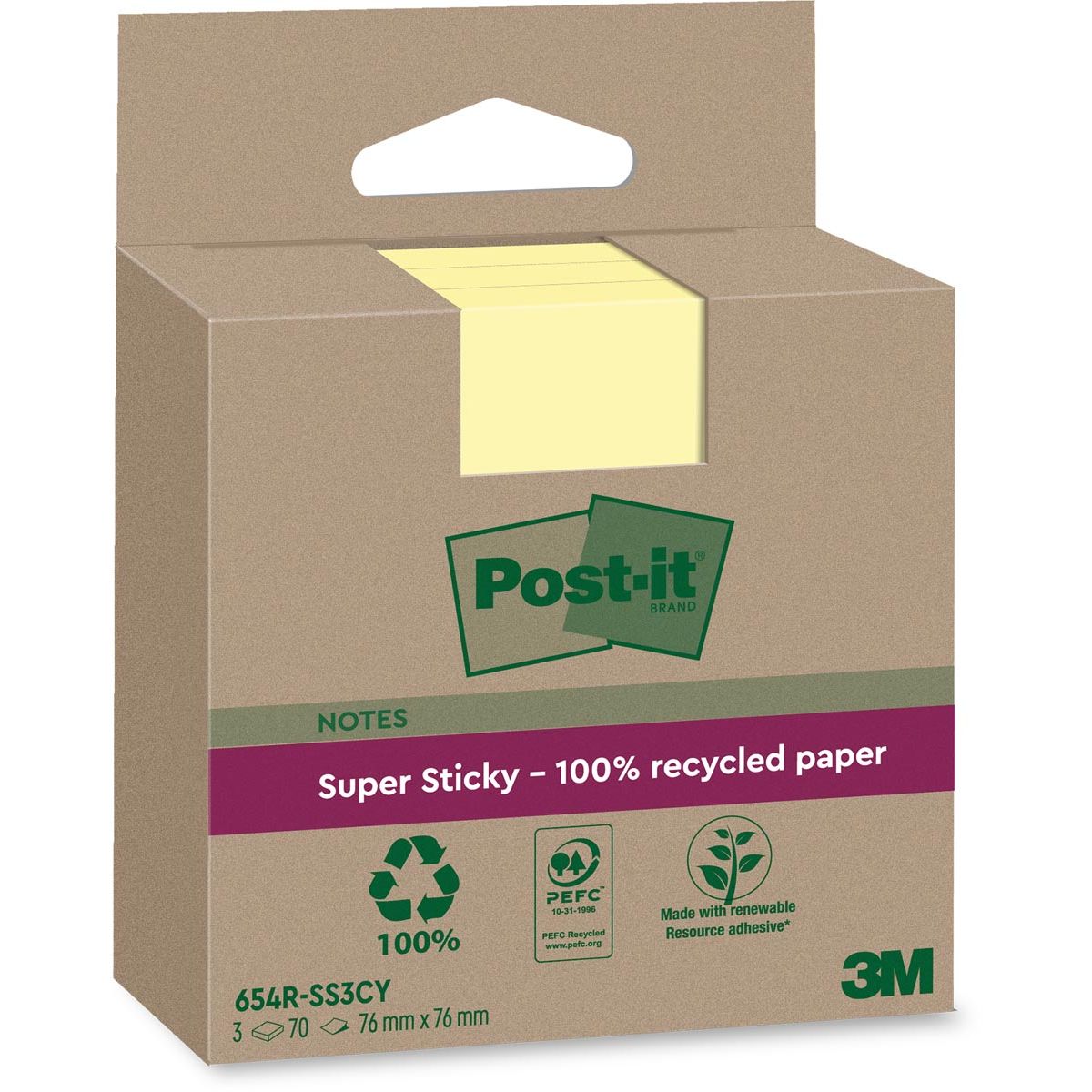 Post-it - Super Sticky Notes Recycled, 70 vel, ft 76 x 76 mm, geel, pak van 3 blokken