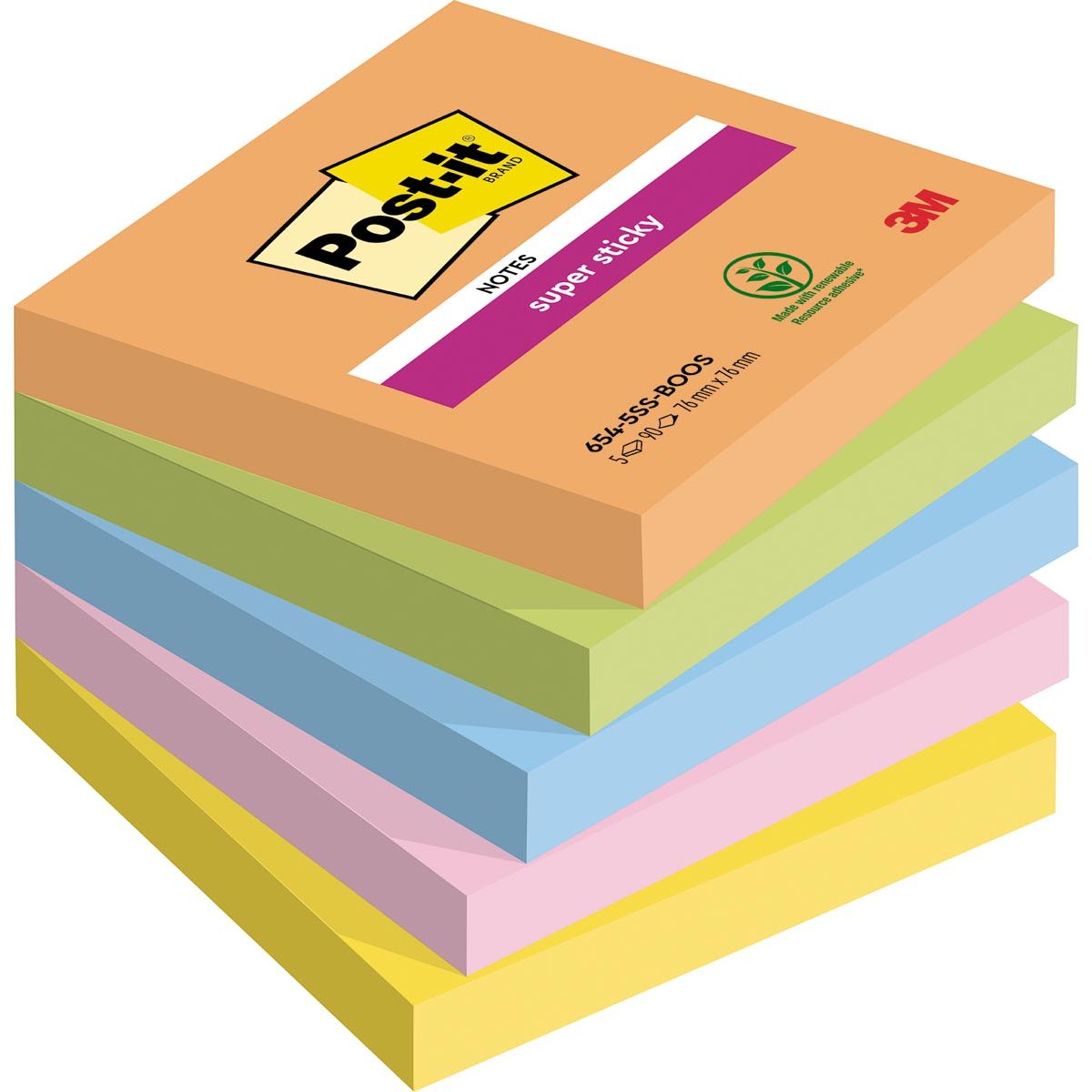 Post-it Super Sticky - Super Sticky notes Boost, 90 vel, ft 76 x 76 mm, geassorteerde kleuren, pak van 5 blokken