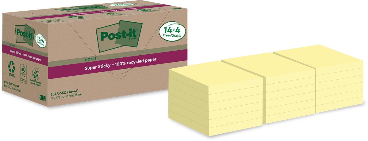Post-it Super Sticky - Blocco note 654 RSS12CY 76x76mm giallo 14+4 omaggio