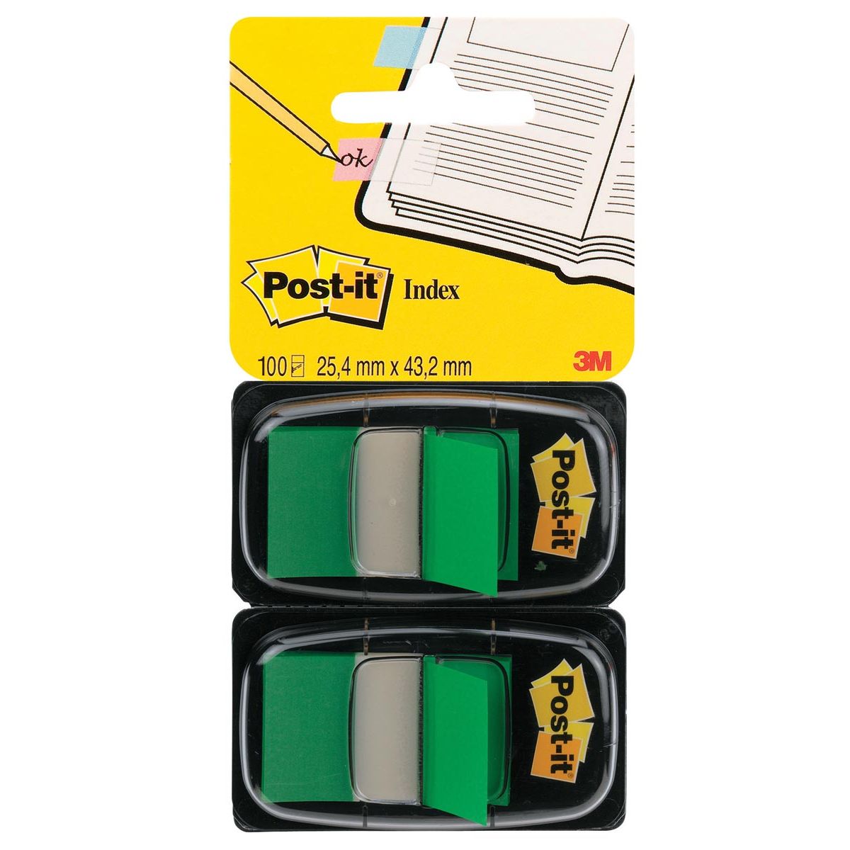 Post-it index - index standaard, ft 24,4 x 43,2 mm, houder met 2 x 50 tabs, groen