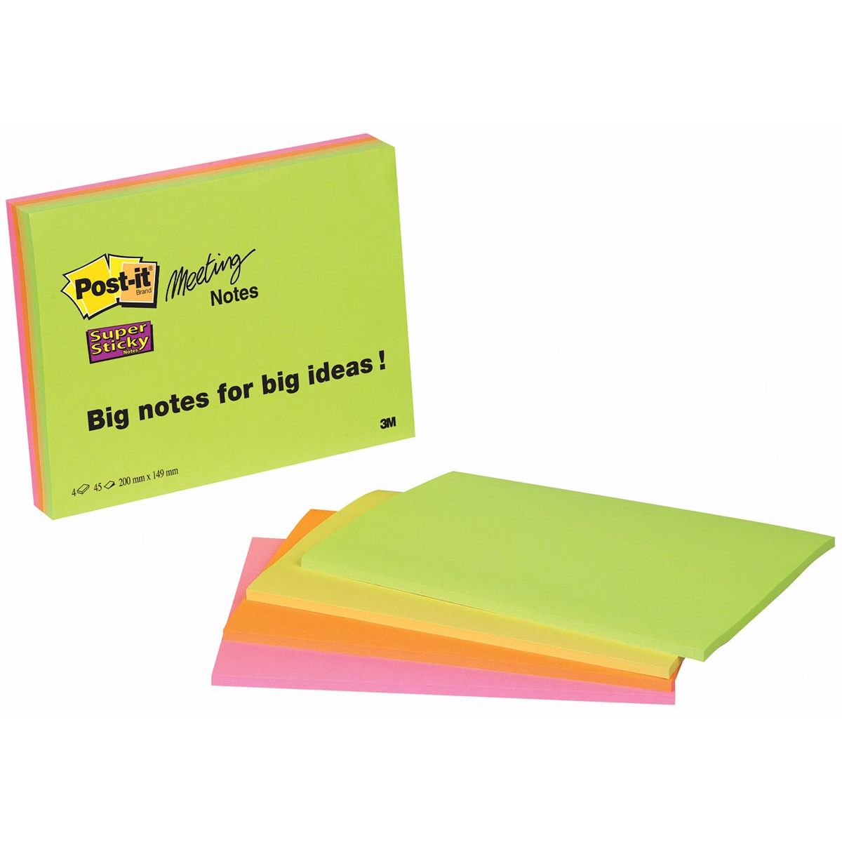 Post-it - Notes de réunion super collantes, 45 feuilles, pi 152 x 203 mm, couleurs assorties, paquet de 4 blocs