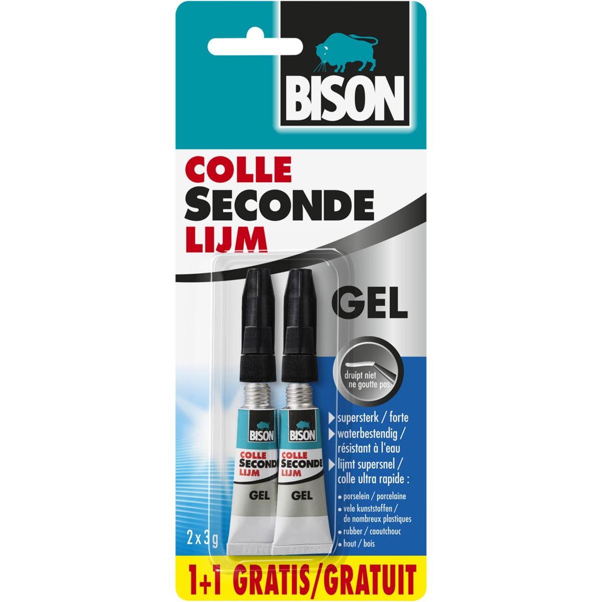 Bison - secondelijm, tube van 3 g, blister van 2 stuks (1 + 1 GRATIS)