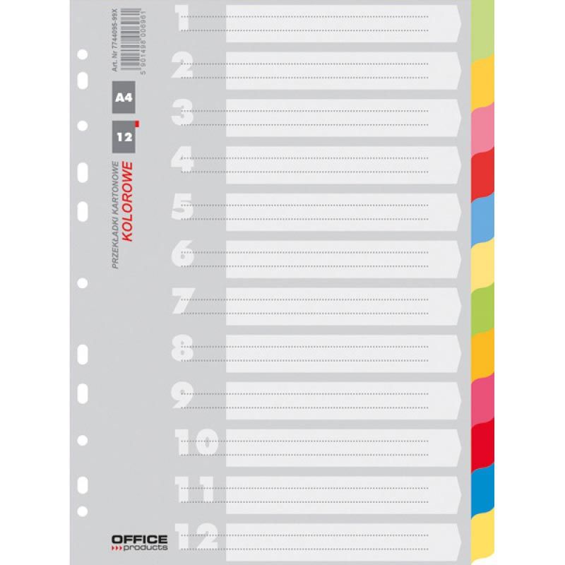 OFFICE products - tabbladen, A4, karton, 11-gaatsperforatie, geassorteerde kleuren, 12 tabs