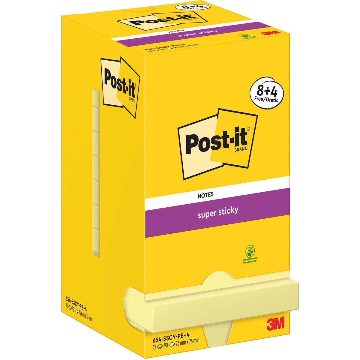 Post-it Super Sticky - Notes, 90 vel, ft 76 x 76 mm, geel, 8 + 4 GRATIS