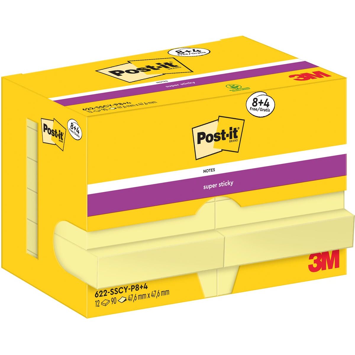 Post-it - Super Sticky Notes, 90 vel, ft 47,6 x 47,6 mm, geel, 8 + 4 GRATIS
