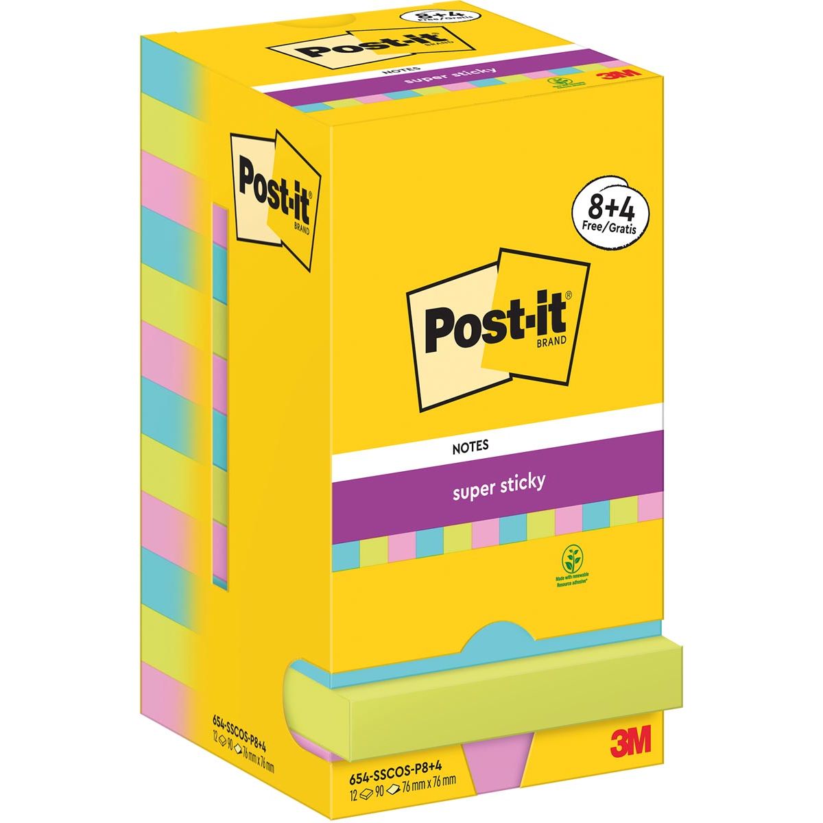 Post-it Super Sticky - Notes Cosmic, 90 vel, ft 76 x 76 mm, 8 + 4 GRATIS