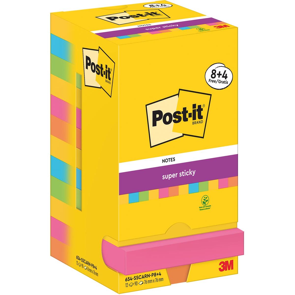 Post-it Super Sticky - Notes Carnival, 90 vel, ft 76 x 76 mm, 8 + 4 GRATIS
