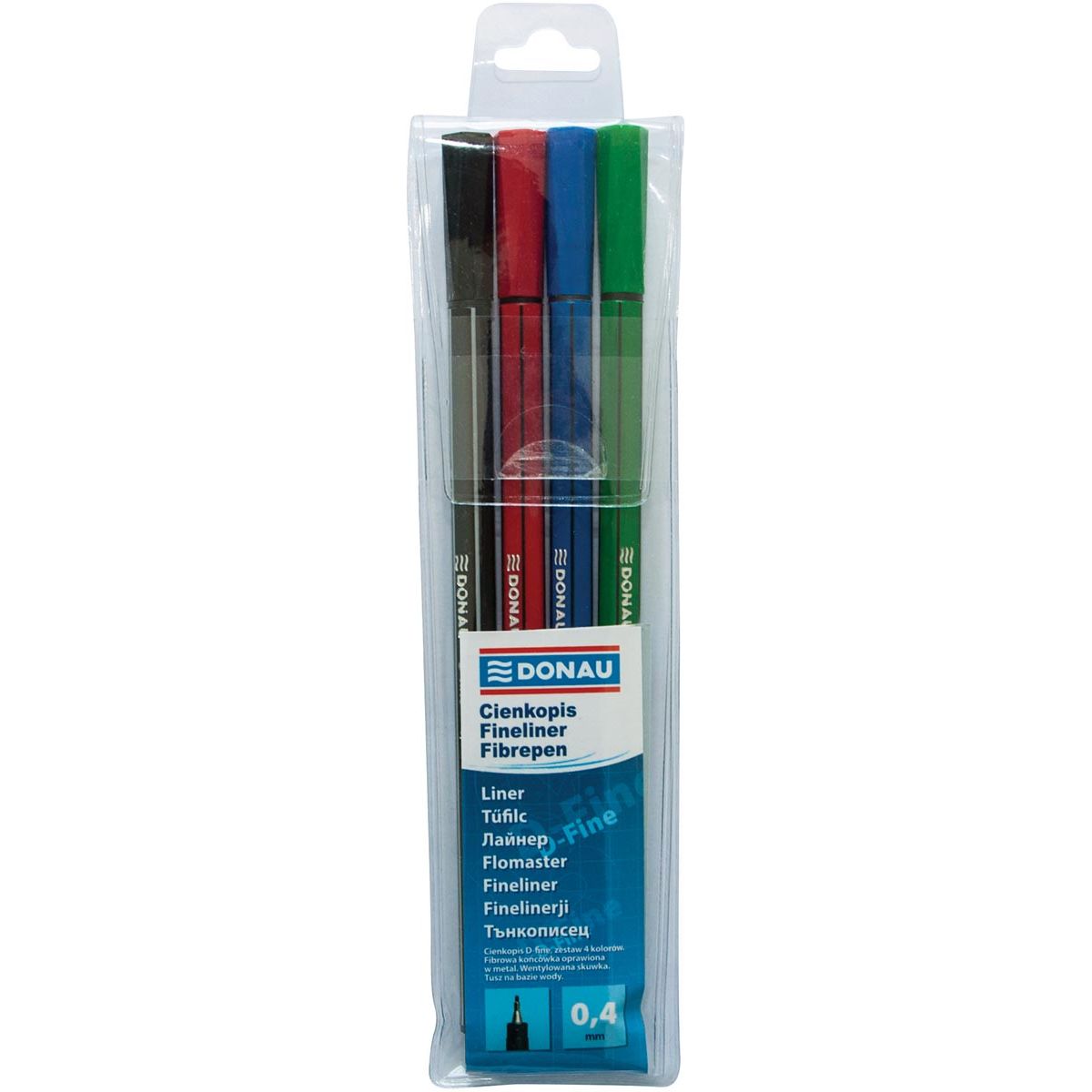 DONAU - D-fine fineliner, 0,4 mm, etui van 4 stuks, geassorteerde kleuren