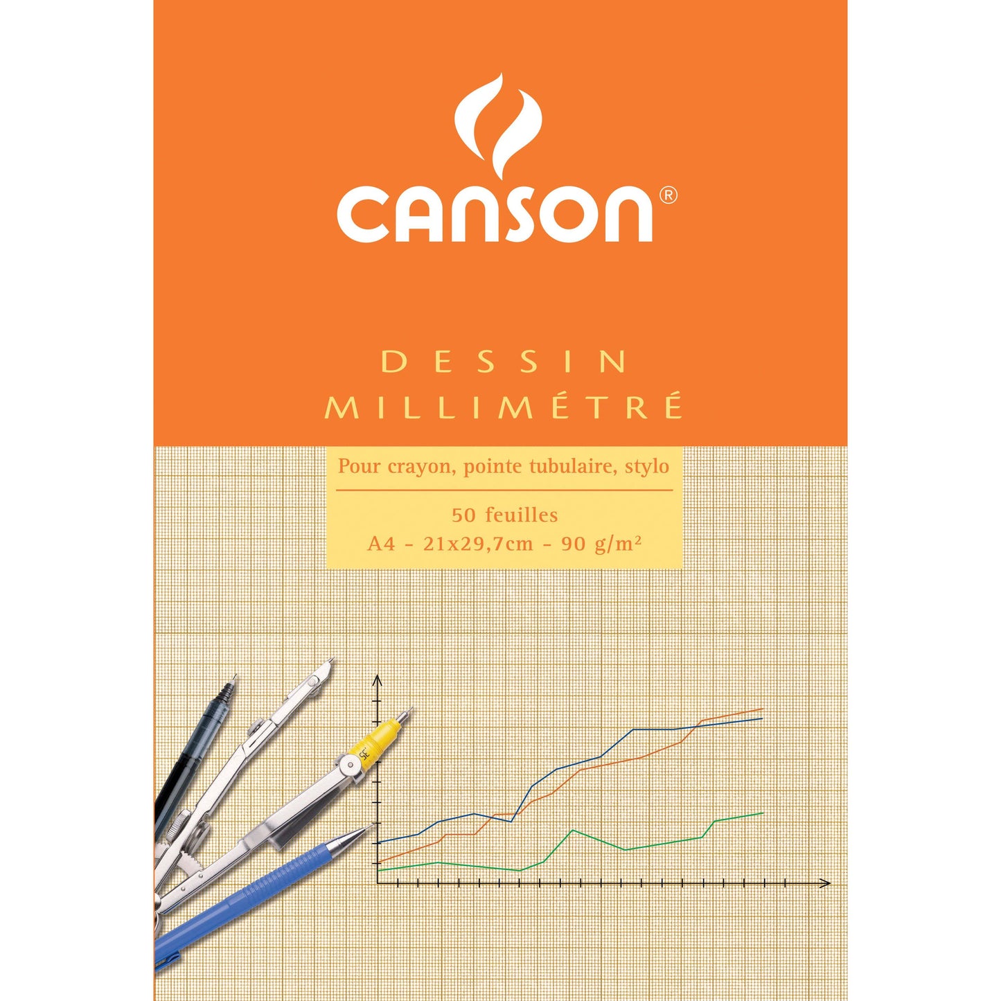 Canson - Millimeterpapier braun gelb bedruckt 50 Blatt 90gr A4 weiß