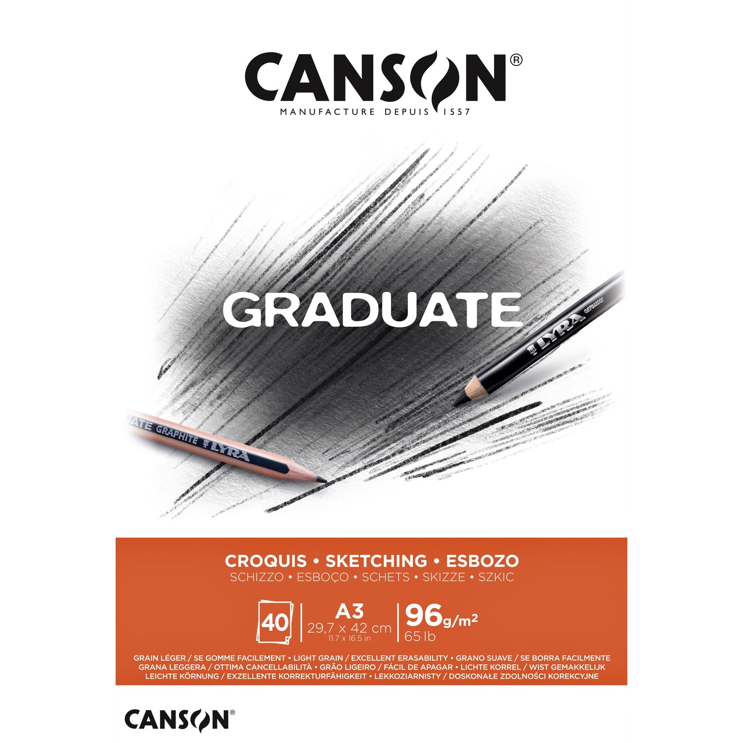 Canson - Papel boceto Graduate Sketch 40 hojas 96gr A3 blanco natural | 5 piezas