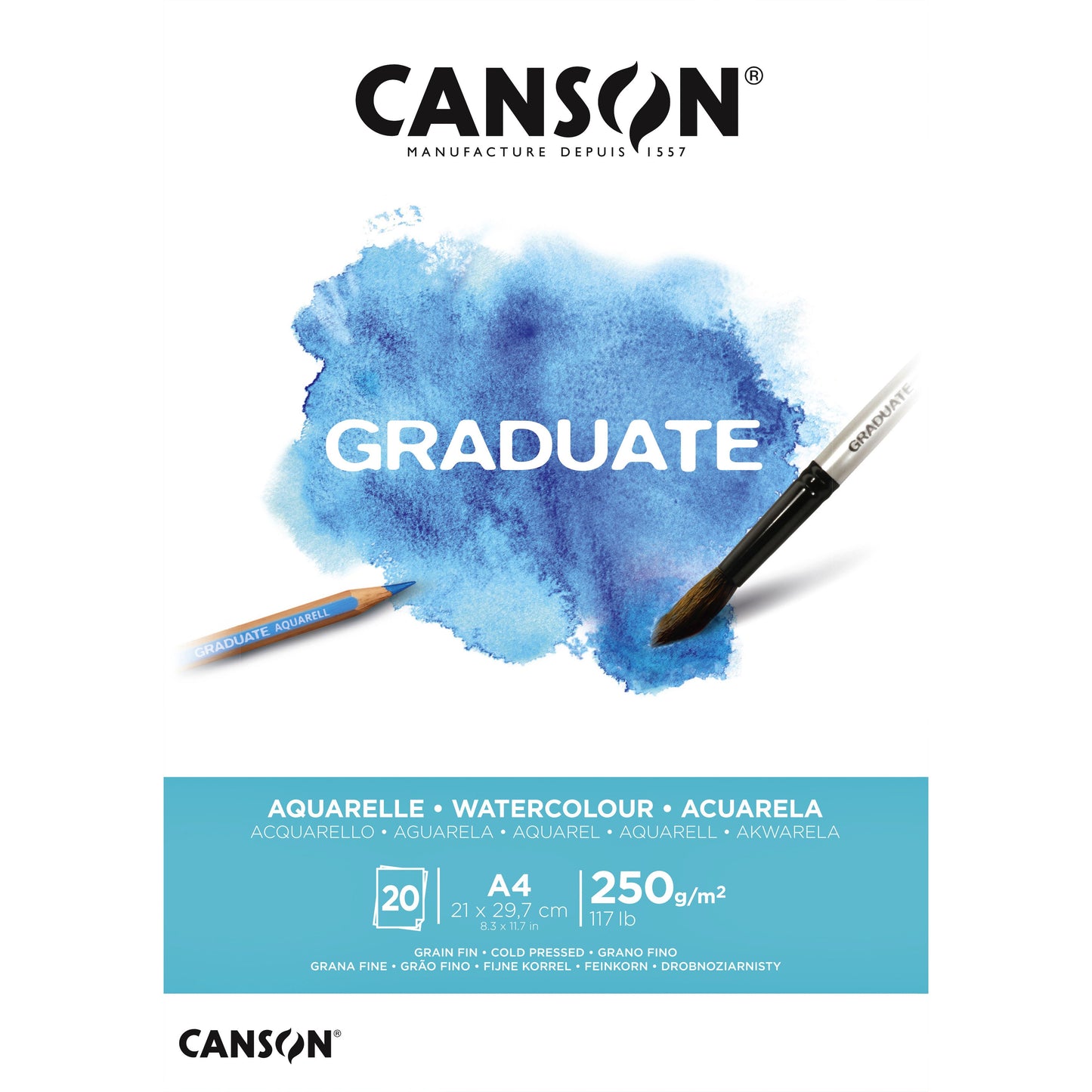 Canson - Papier aquarelle Graduate Aquarelle 20 feuilles 250gr A4 blanc naturel | 5 pièces