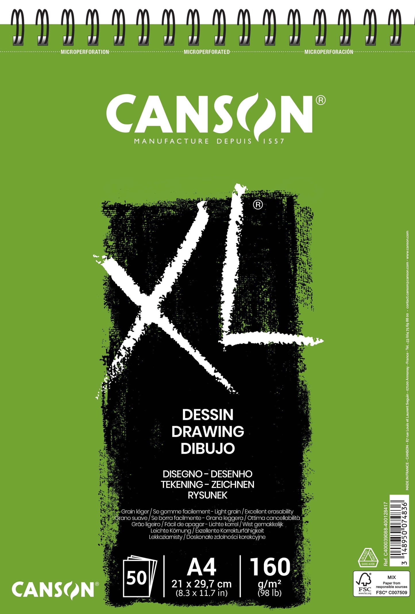Canson - Papel de dibujo XL Dibujo 50 hojas 160gr A4 blanco | 5 piezas