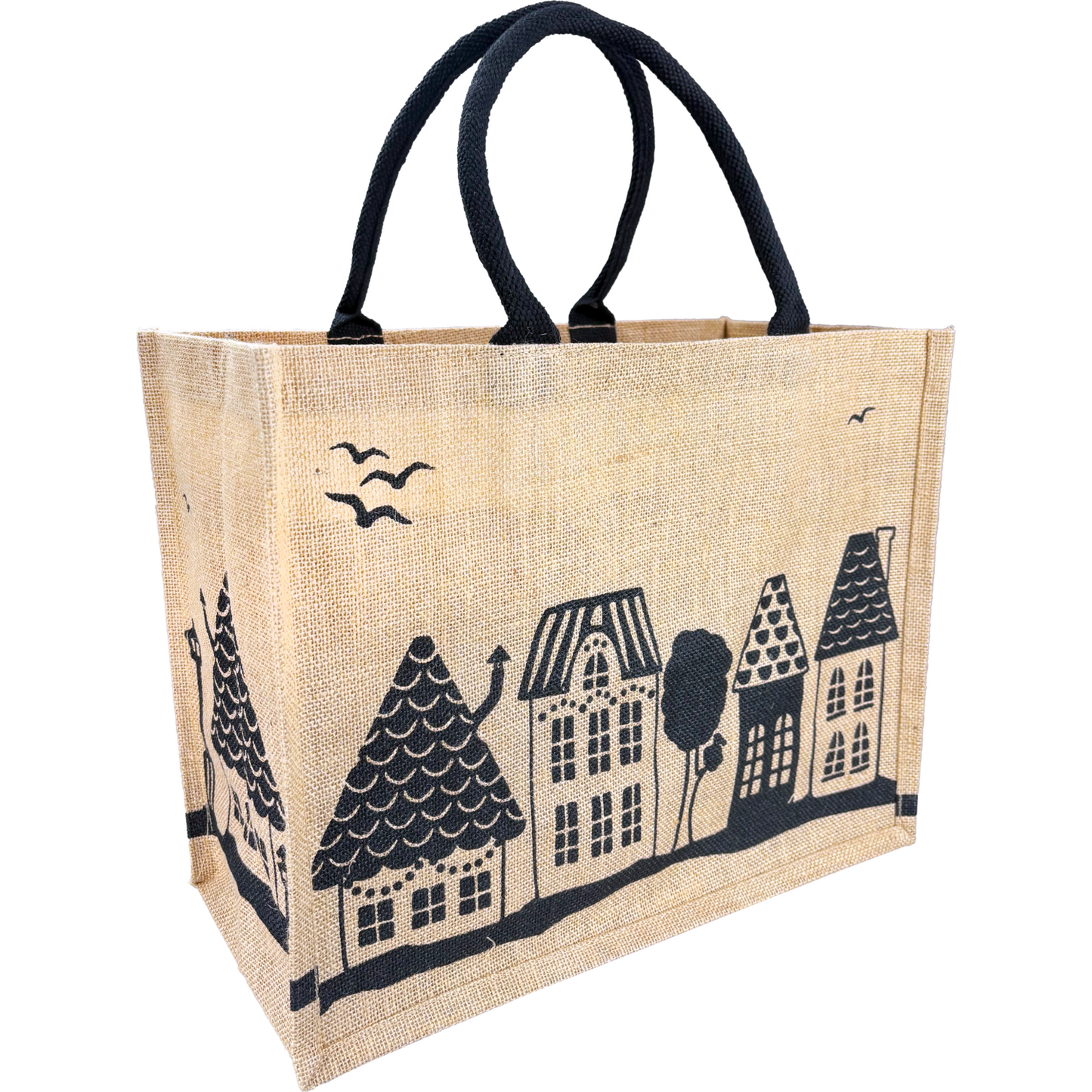 Klika - Shopper | Kerstmis | Jute | Huisjes | 43x 20x34cm | naturel/zwart | 50 stuks