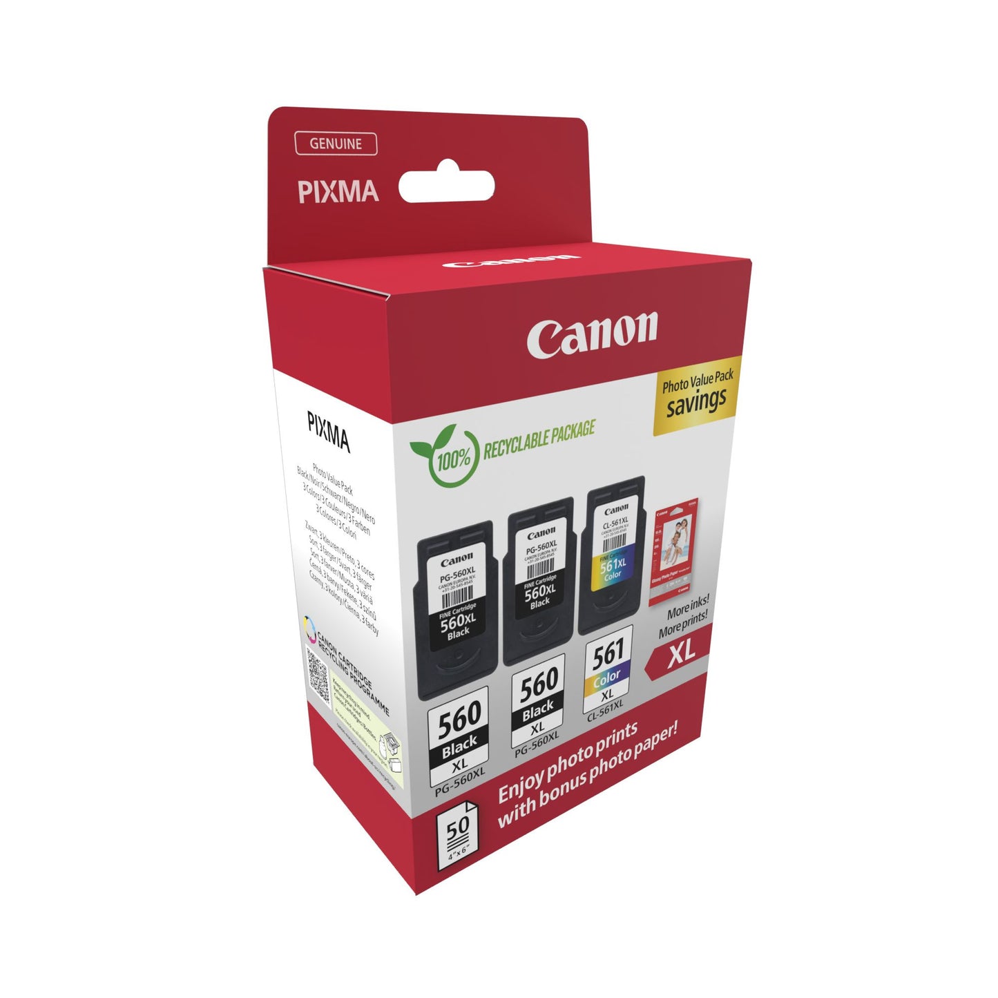 Canon - Paquete económico de fotografías 2 x PG-560XL + 1 x CL-561XL, 300400 páginas, OEM 3712C012, 4 colores
