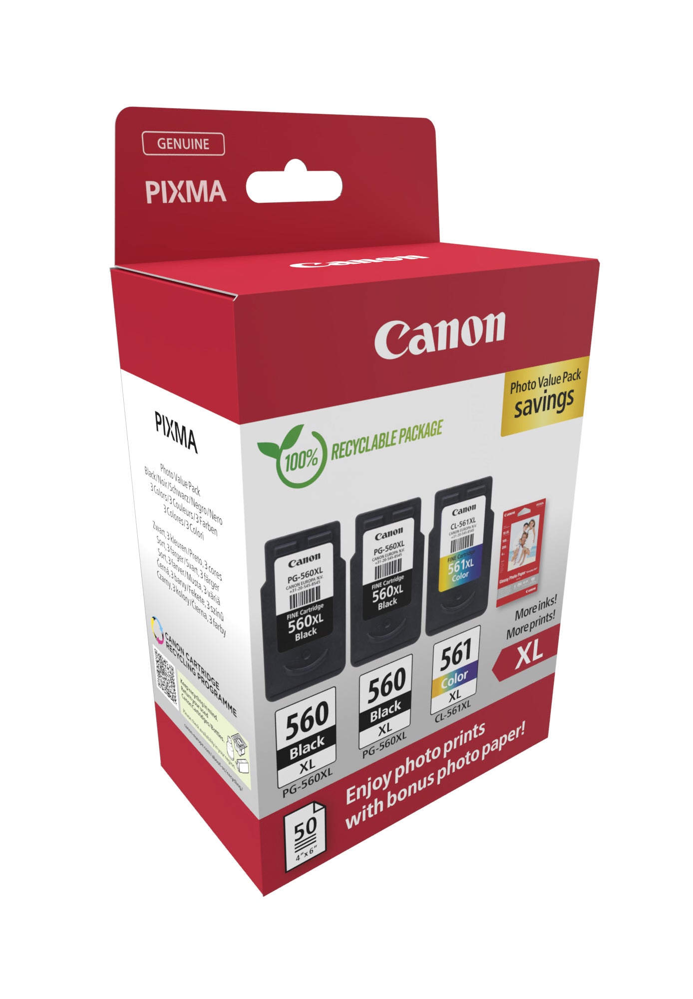 Canon - Paquete económico de fotografías 2 x PG-560XL + 1 x CL-561XL, 300400 páginas, OEM 3712C012, 4 colores