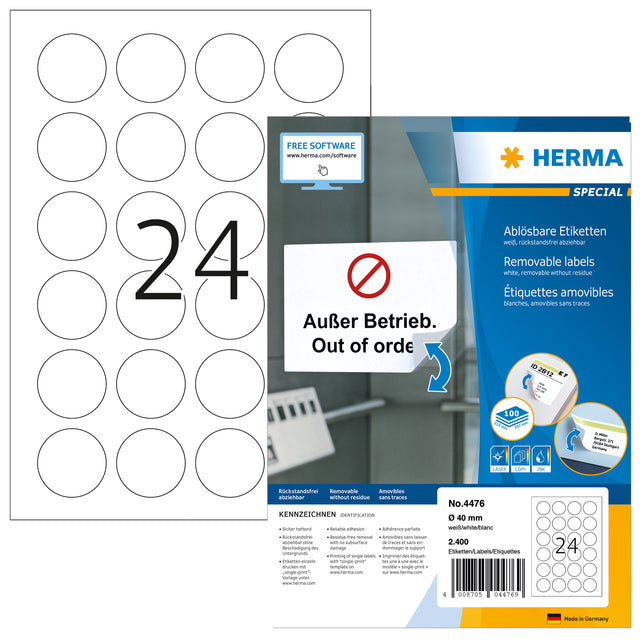 HERMA - Etiket 4476 40mm verwijderbaar wit 2400st