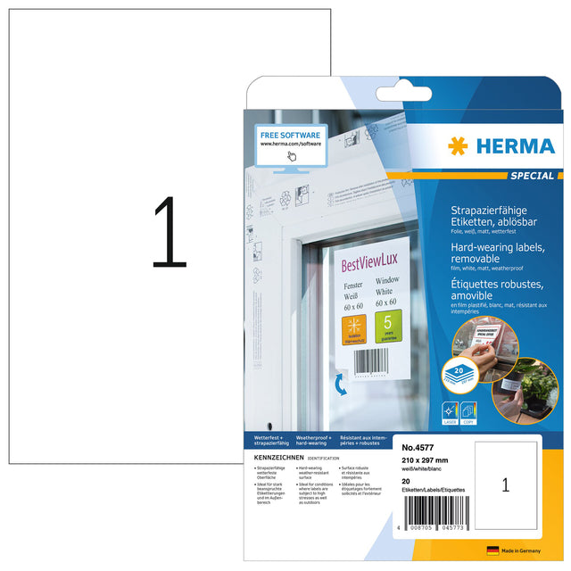 HERMA - Etiquette 4577 210x297mm feuille blanche 20 étiquettes