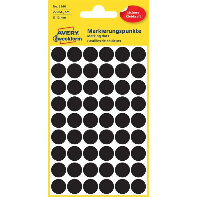 Avery - Etiket Zweckform 3140 rond 12mm zwart 270 etiketten