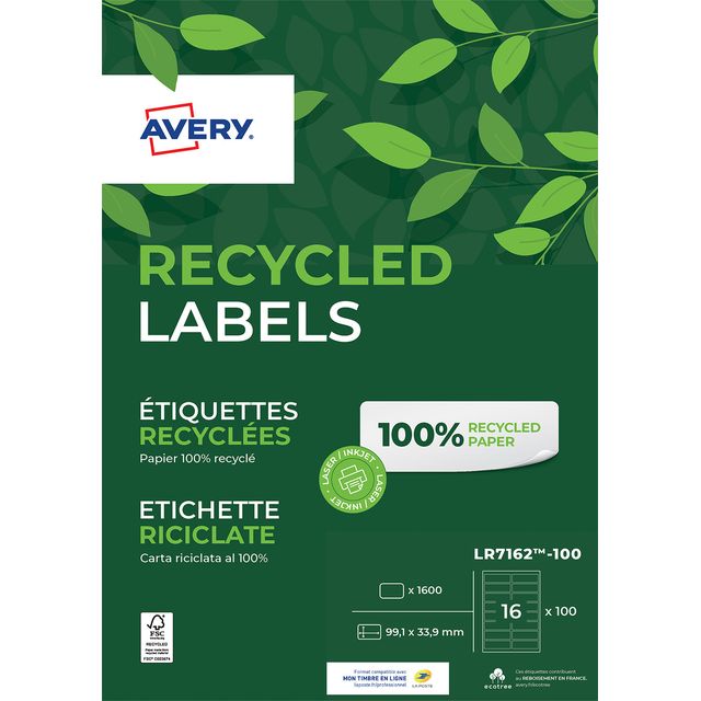 Avery - Etiket LR7162-100 99.1x33.9mm recycled wit 1600 etiketten