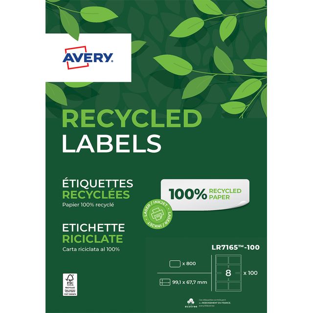 Avery - Etiket LR7165-100 99.1x67.7mm recycled wit 800 etiketten