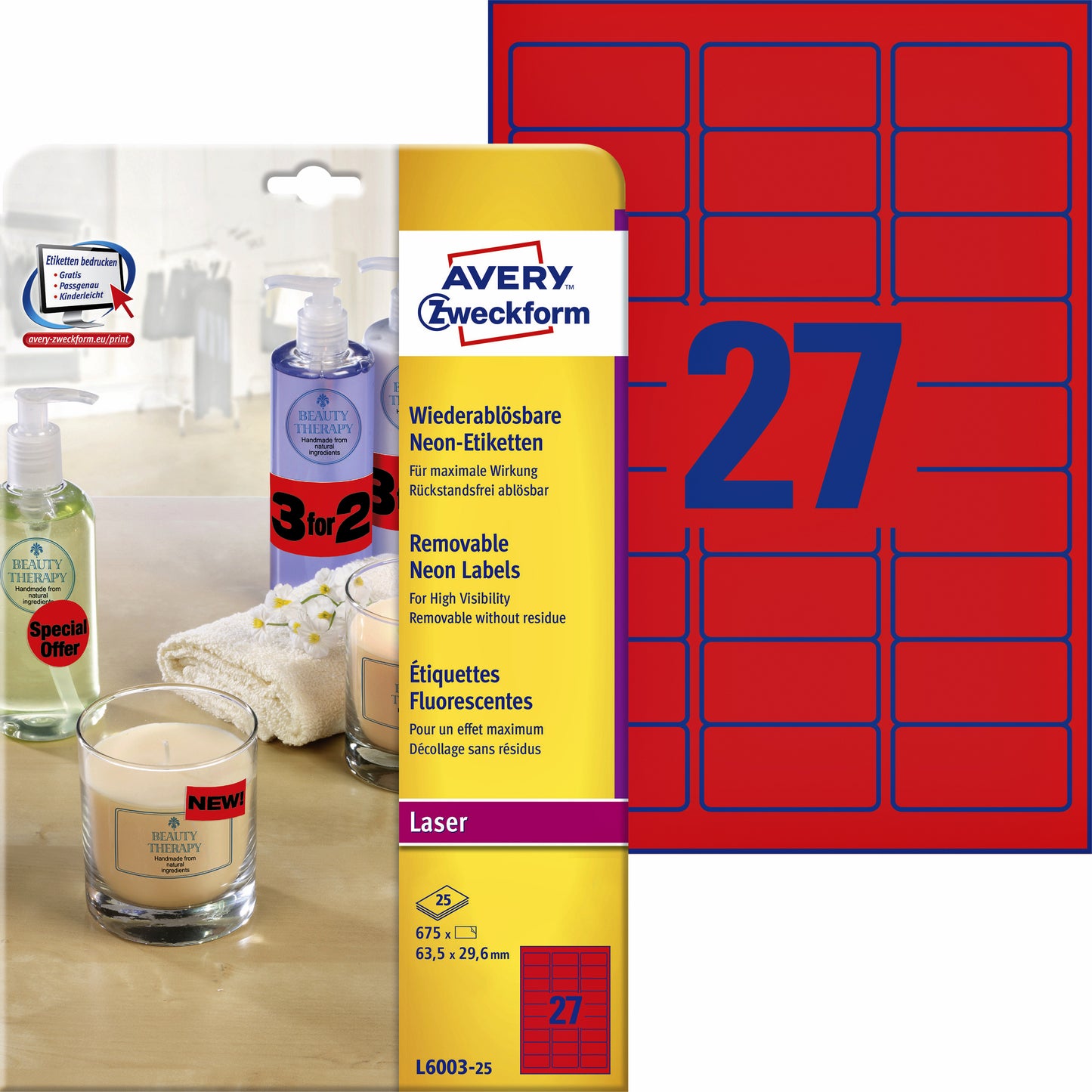Avery - Label L6003-25 63.5x29.6 neon red 675 labels | 5 pieces
