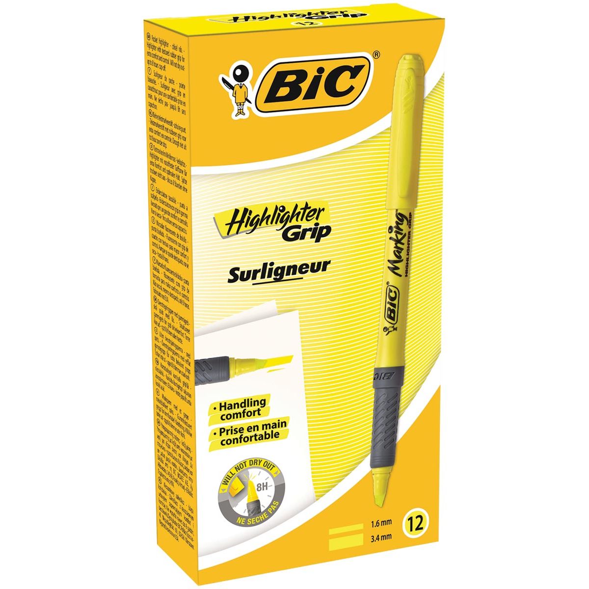 BIC - markeerstift Highlighter Grip, geel, doos van 12 stuks