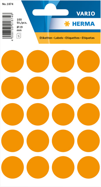 HERMA - Label 1874 round 19mm fluorescent orange 100 pieces