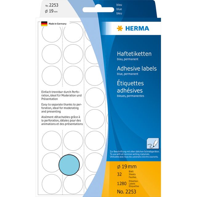HERMA - Etiket 2253 rond 19mm blauw 1280st